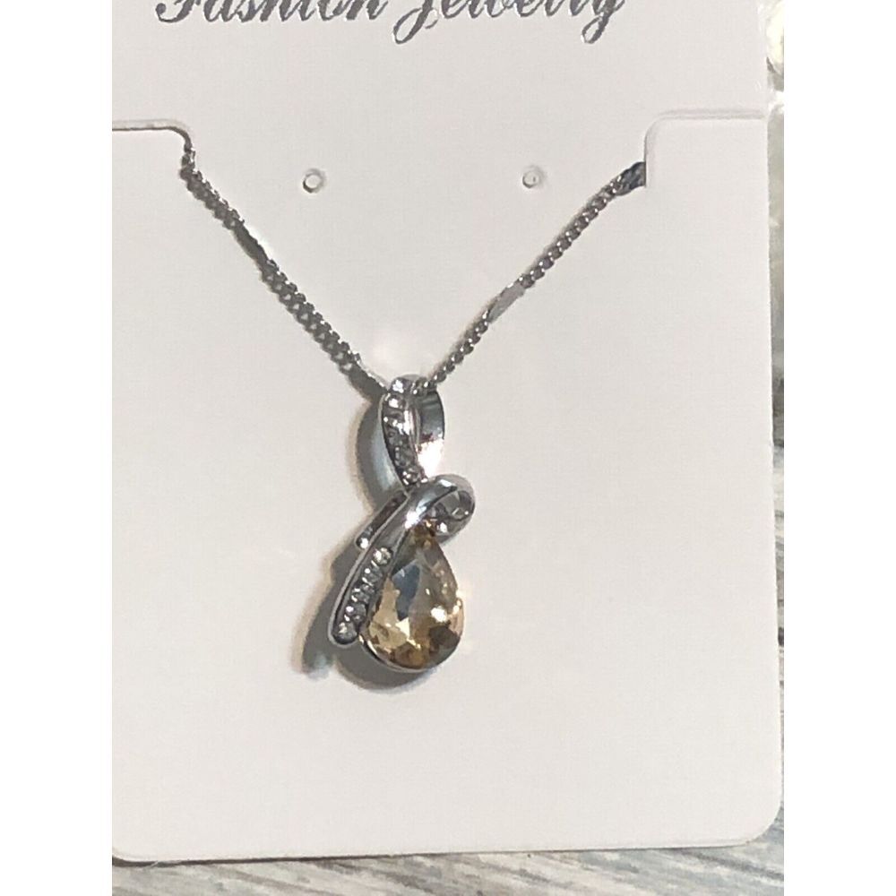 Teardrop Pendant Yellow Crystal Necklace Rhinestones 16" NWOT Silver Tone